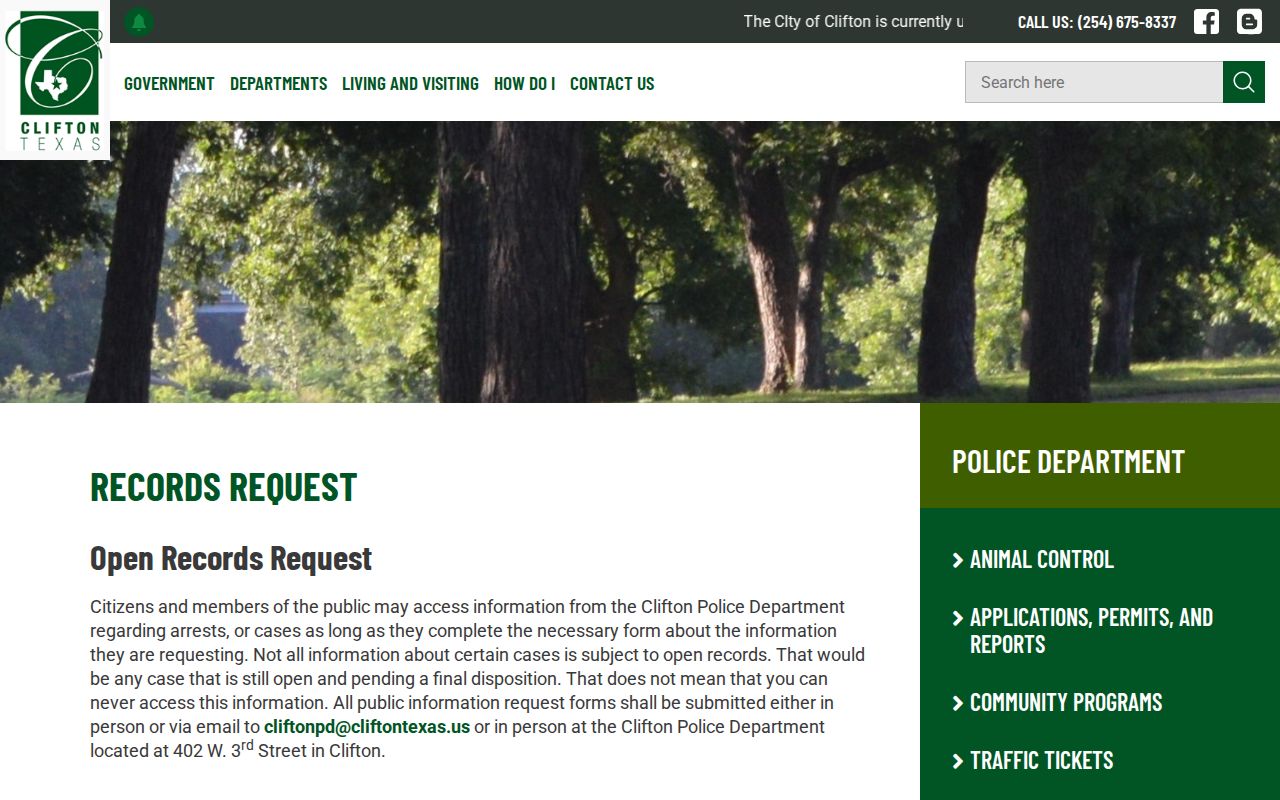 Clifton Police Department arrest and case records request page