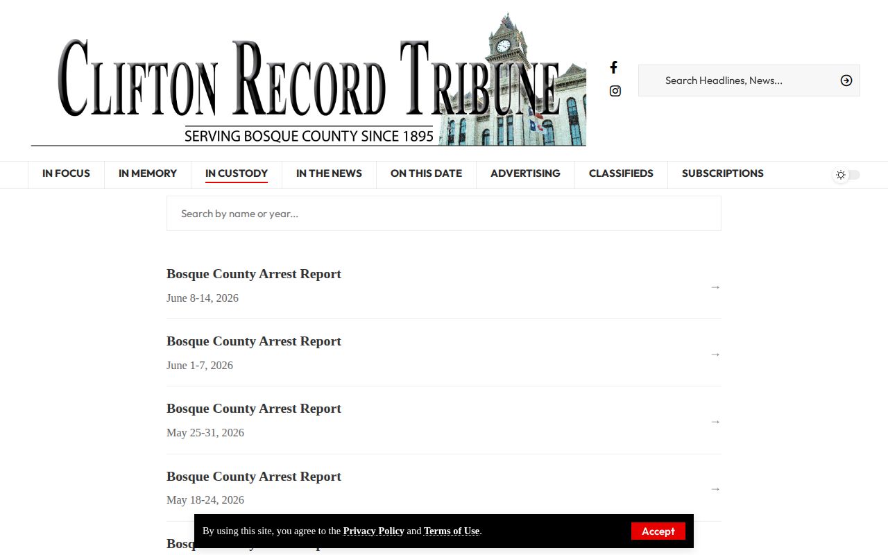 Bosque County crime news In Custody section from the Clifton Record Tribune