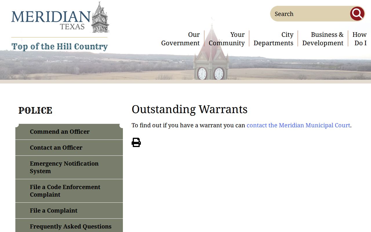 Meridian official outstanding warrants page directing users to municipal court