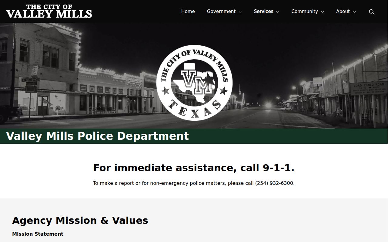 Valley Mills Texas Police Department official contact page
